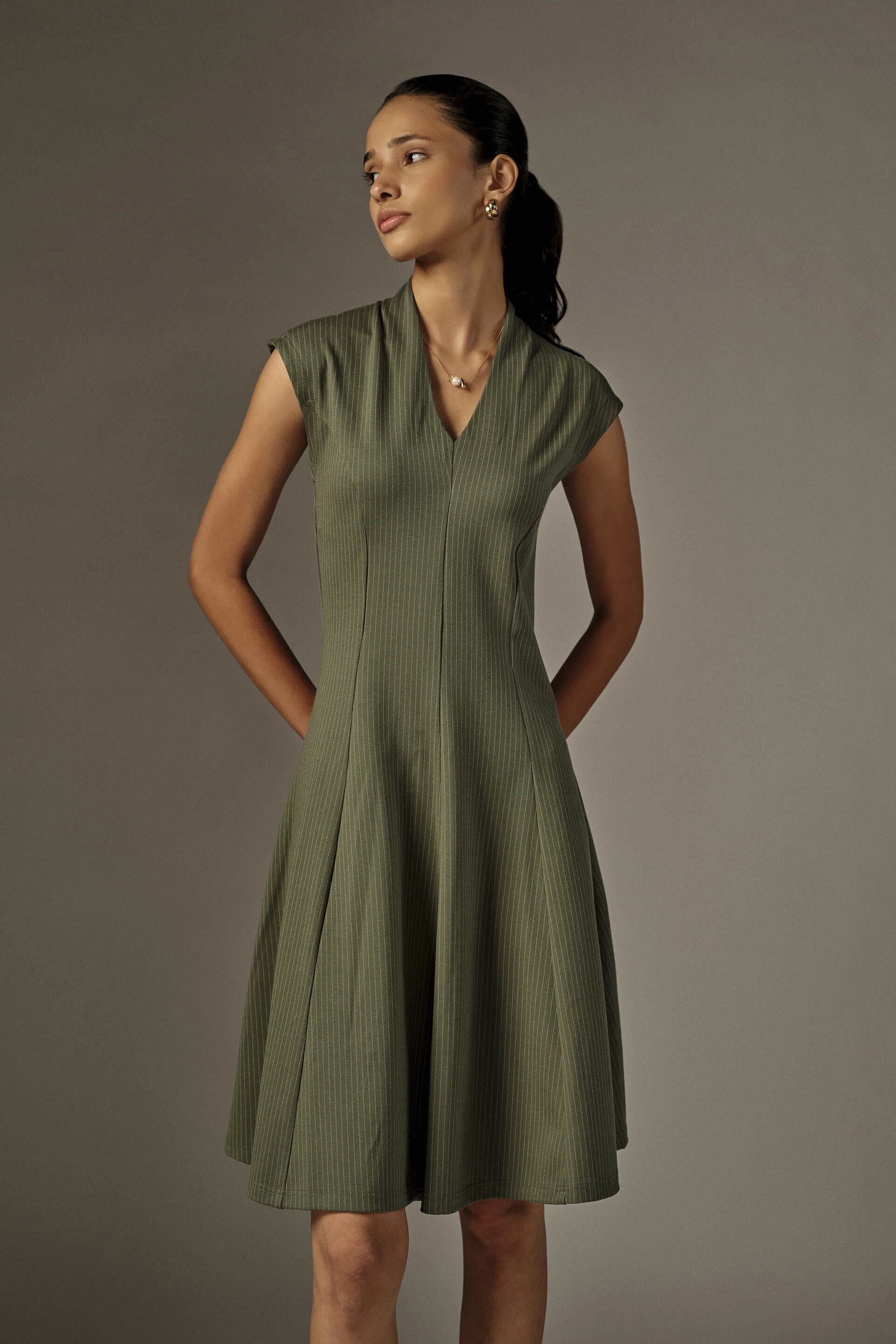 Fit & Flare Striped Mini Dress in Olive, Olive, image 1